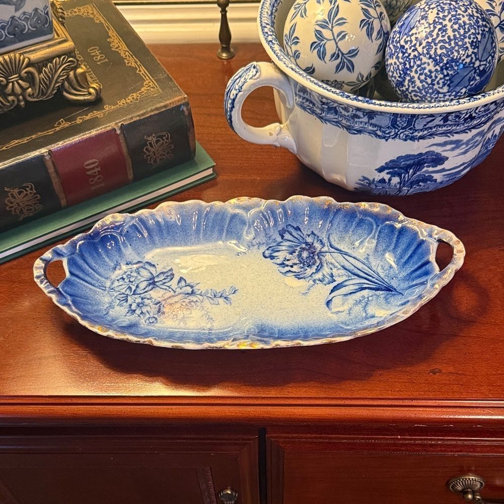 VTG. ANTIQUE FLOW BLUE SEBRING PORCELAIN CELERY/SERVING DISH